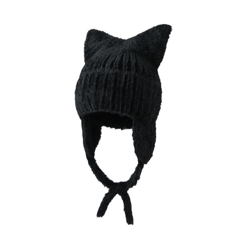Korean New Hat for Women's Autumn and Winter Solid Color Knitted Wool Hat Cute Cat Ears Winter Warm Ear Protection Hat