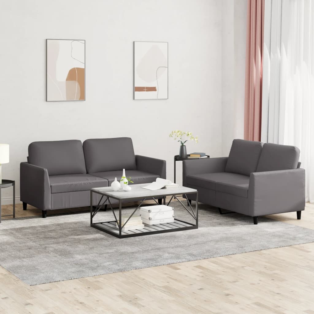 2 Piece Sofa Set with Cushions Grey Artificial Leather