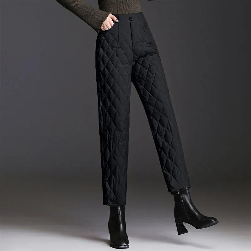 Donzen katoenen broek voor dames Casual warme rechte broek Grote maat Baggy enkellange broek Winddichte gewatteerde broek met hoge taille