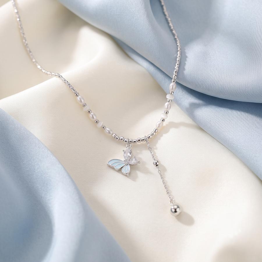 S925 Sterling Silver Blue Butterfly Necklace, Y2K Fairycore Asymmetrical Pearl Choker, Y-Drop Tassel Collarbone Chain, Soft Girl Aesthetic Gift