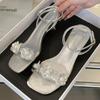 Fashion Elegant Flowers String Bead Brand Sandals Women Fashion Ankle Buckle Kitten Heel Designer Shoes Sexy Open Toe Zapatos De Mujer