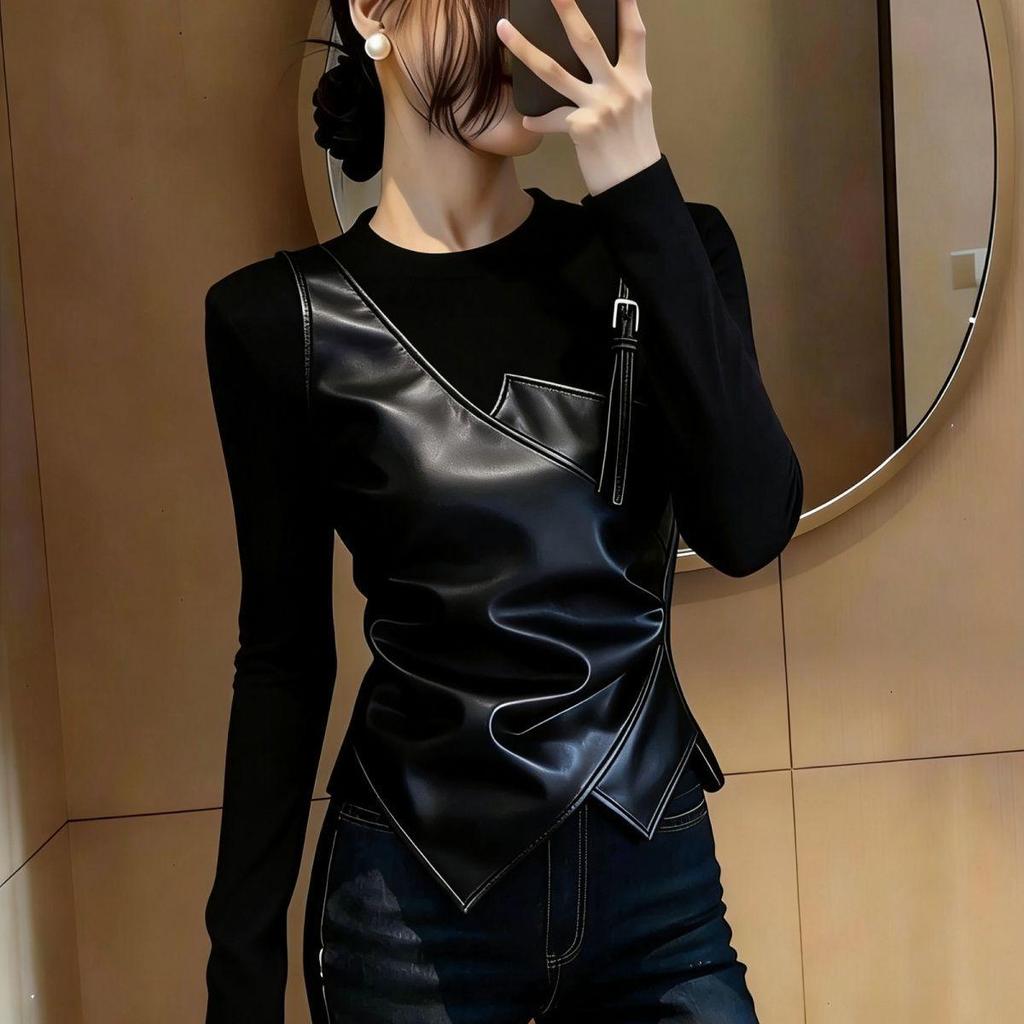 Chic Spliced Two-Piece Look Long-Sleeve T-Shirt - 2026 Spring Plus Size Slimming Top for Women