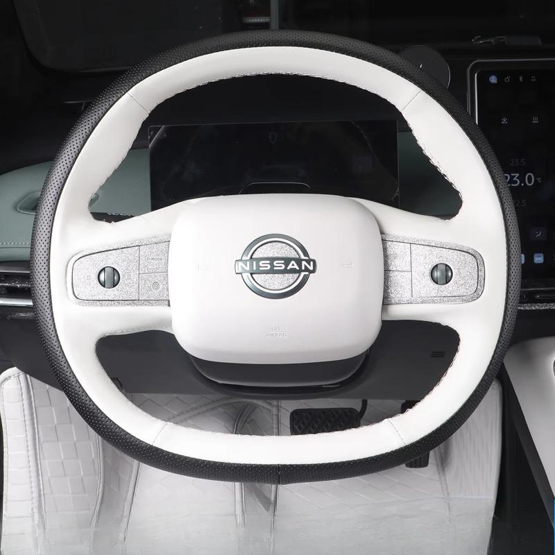 Hand Stitched non-slip black white  Leather Car Steering Wheel Cover For Nissan N7 2025 Auto Parts