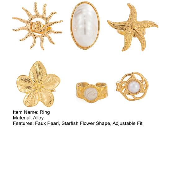 6Pcs/Set Finger Ring Set, Ocean Style Adjustable Ring with Imitation Pearl And Shell Texture, Bohemian Style Stackable Rings for Women