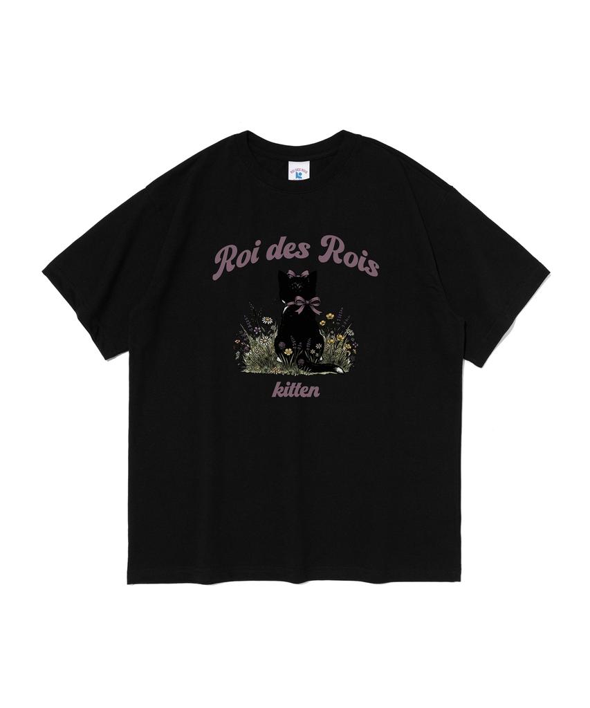 ROIDESROIS Flower Kitten Cat Graphic Short Sleeve T-Shirt (Black)