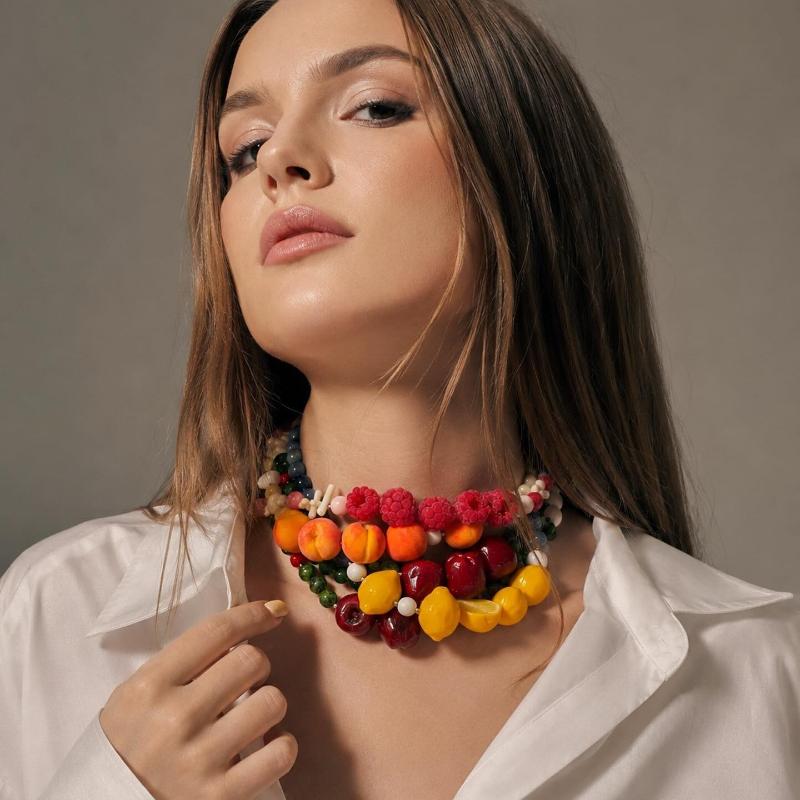 Vintage Stil Frucht Anhänger Halskette 3D Erdbeere Granatapfel Perlen Perlenkette Süßer Schmuck Für Frauen Täglichen Und Party Gebrauch