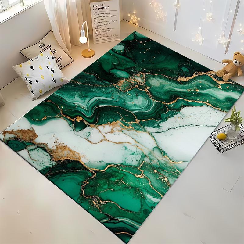 Green and Gold Marble Texture Decorative Rug Non-slip Rug Suitable for Living Room and Bedroom Sofas