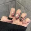 Black Fan Girl Cat Eye Short Nails - Handmade Solid Color Fake Nails for Brides and Students