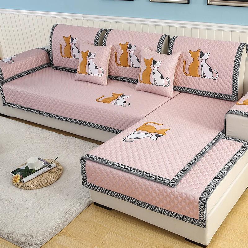 Non-Slip Sofa Cushion Thickened Fabric Four Seasons Universal Cushion Simple Modern Cartoon Cat Skin PrintingRetro Chinese Style
