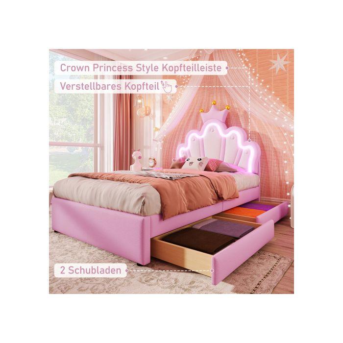 Lit à matelas - MUVOE - 90 x 200 cm - PU rose - Tiroirs pratiques - Tête de lit réglable