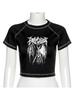 Damska koszulka krótki Top Harajuku Retro koreański czarny Demon Punk Gothic nadruk Anime ubrania Slim Anime