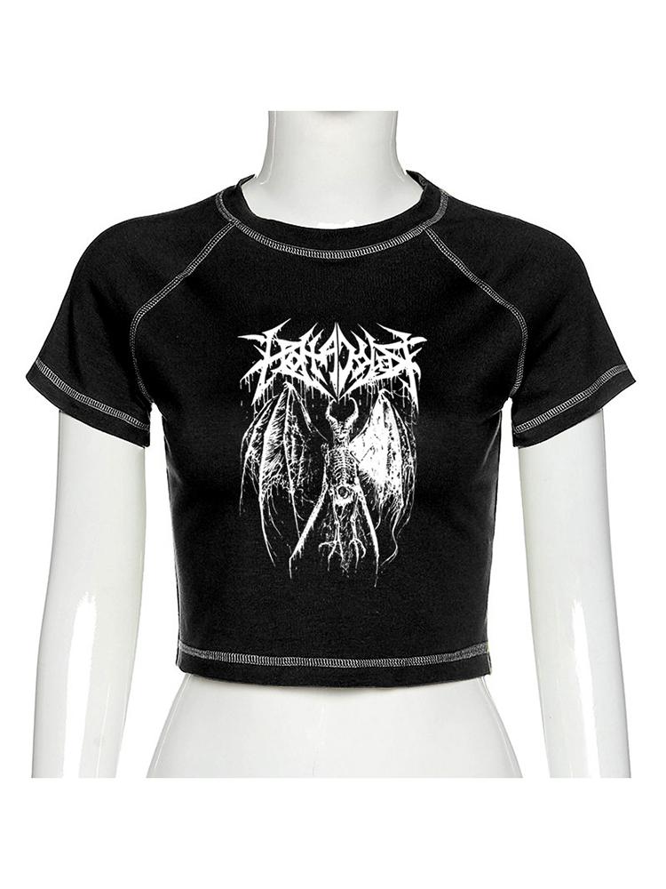 Damska koszulka krótki Top Harajuku Retro koreański czarny Demon Punk Gothic nadruk Anime ubrania Slim Anime