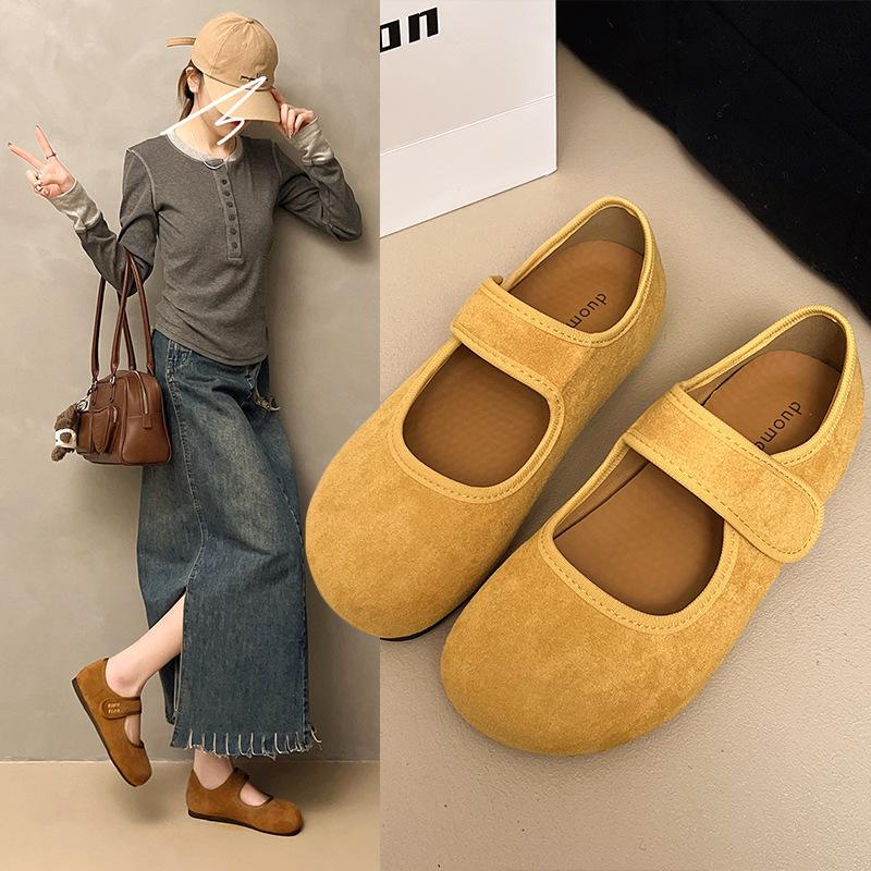 Leather Retro Women's Spring and Summer New Flat-bottomed Versatile Single Shoes Velcro Mary Jane Shoes Doudou Shoes