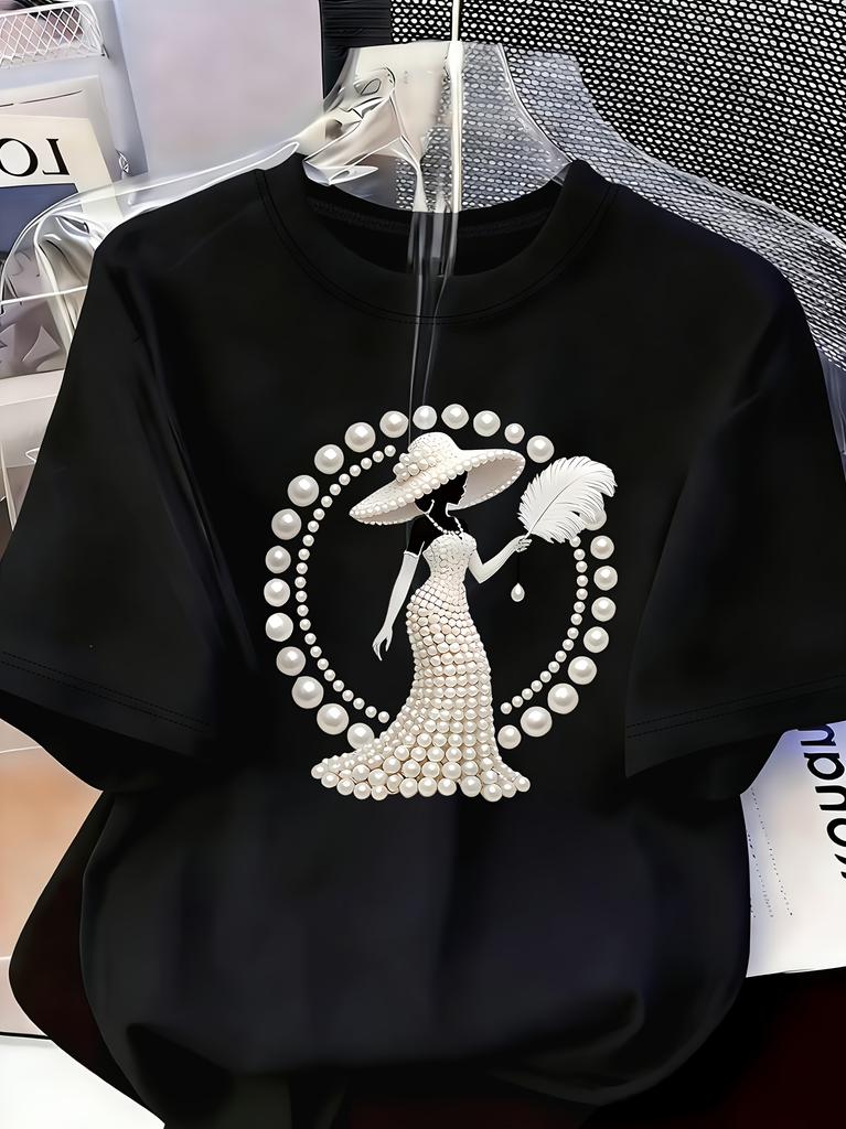 Damska Koszulka z Nadrukiem Biżuteria z Pereł i Diamentów Damski Design Codzienny Okrągły Dekolt Krótki Rękaw Top Miejski Styl Koszulka z Nadrukiem