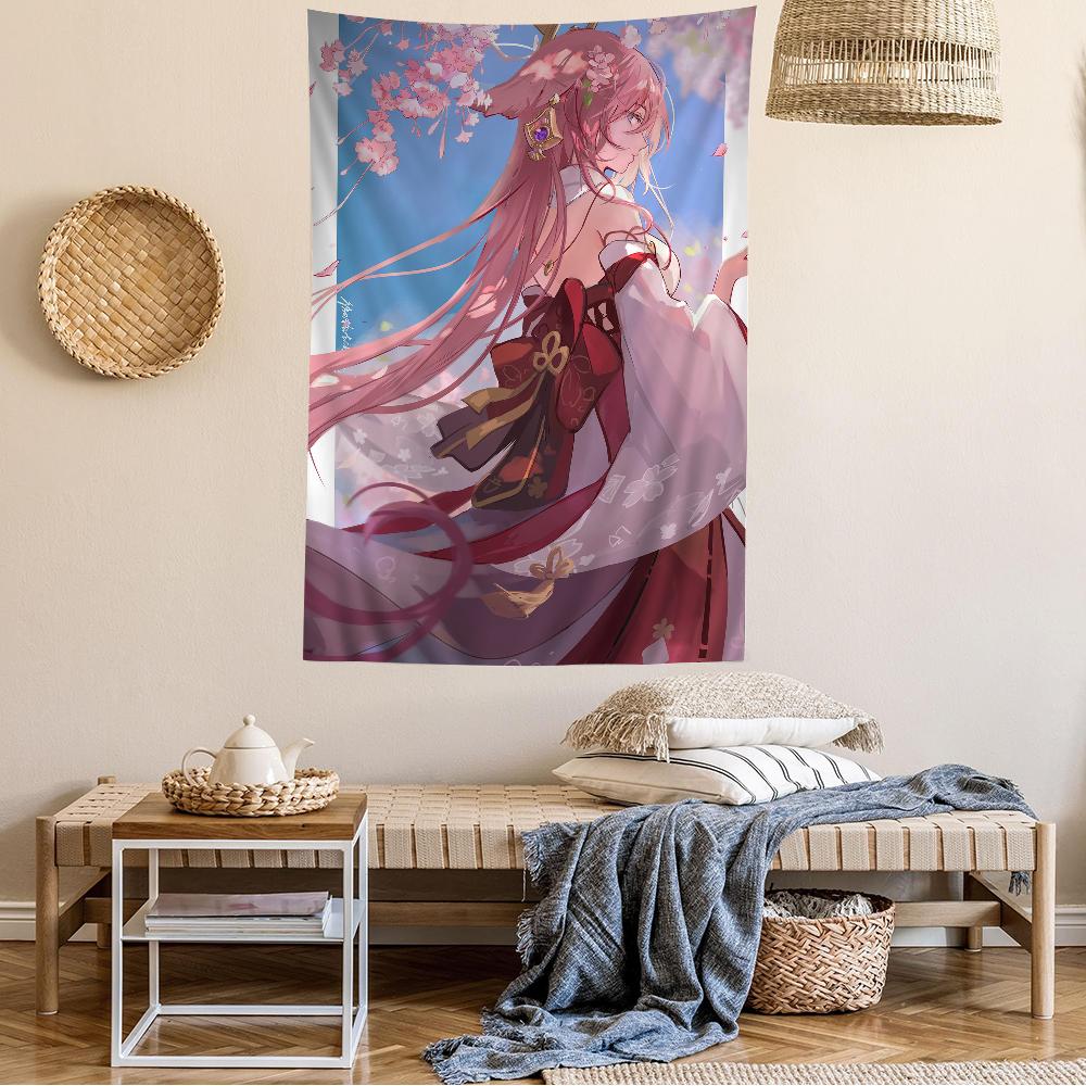 Yae Miko Genshin Impact Anime Tapestry  Hippie Flower Print Acts as Wall Hanging Dorms  Enhancing Home Atmosphere