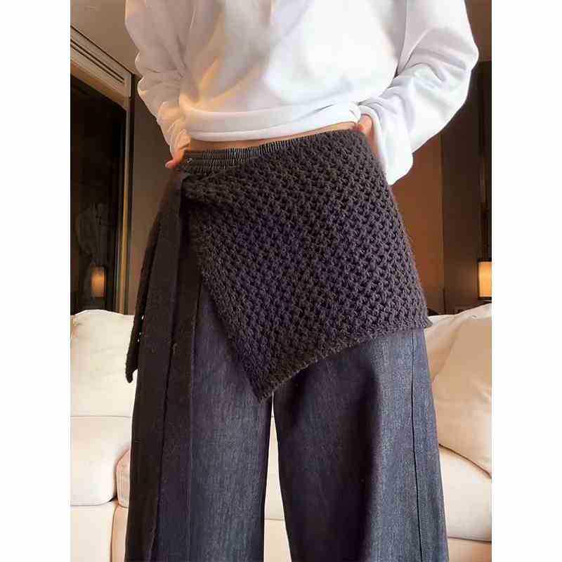 Women's 2025 Summer Black Lace-up Knit Mini Skirt with Hollow-out Design