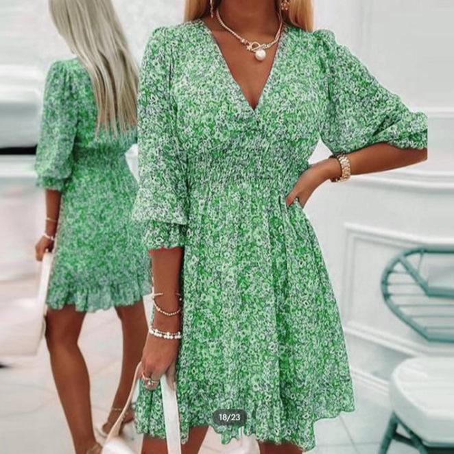 European and American New Temperament Waist and Thin Medium and Long Dress Bohemian Printing Short-sleeved Floral Dress