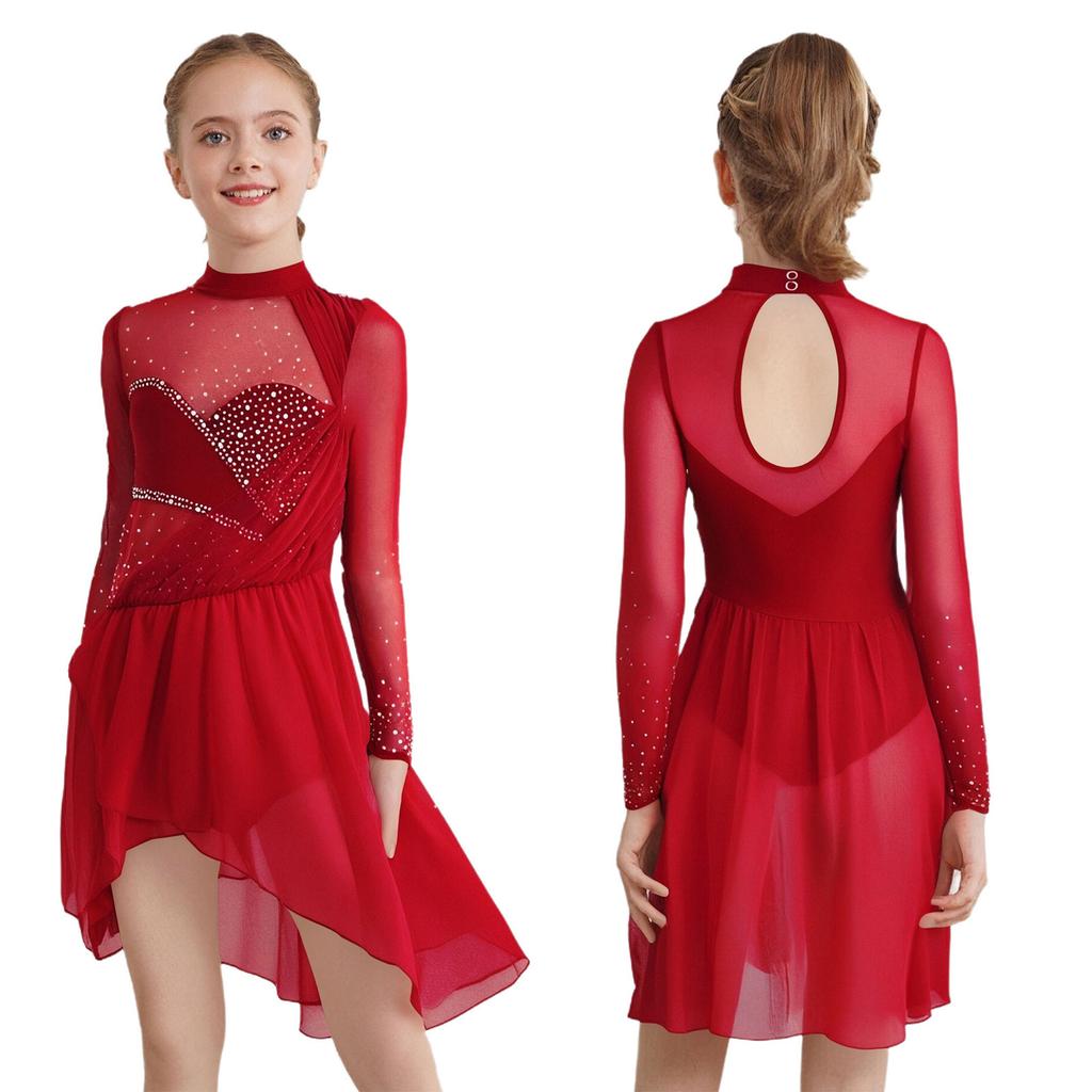 Girls Figure Skating Dance Dress: Sheer Mesh Patchwork Long Sleeves Mock Neck Keyhole Back Rhinestones Irregular Hem with Built-in Briefs