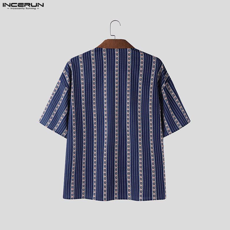INCERUN Summer Men Lapel Neck Short Sleeve Patchwork Striped Casual Shirts Tops