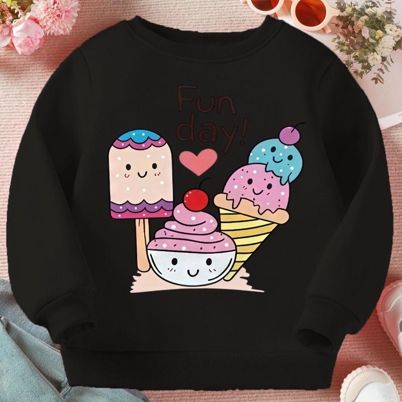Kids Crewneck Sweatshirt, Cute Cartoon Ice Cream Print Long Sleeve Casual Top for Spring Autumn