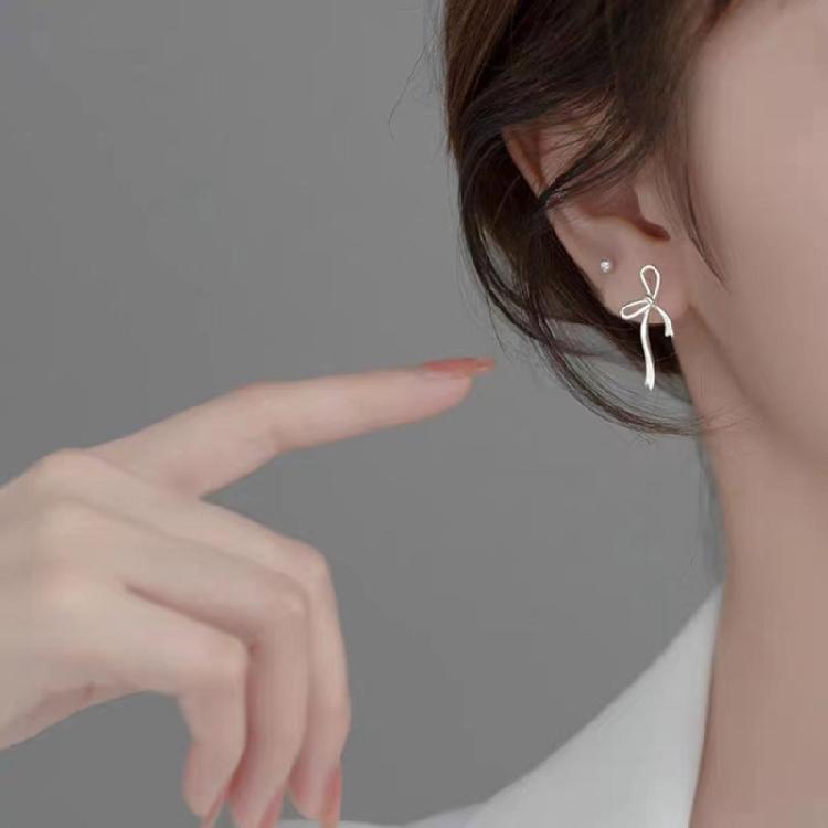 Silver Color Bowknot Drop Earrings for Women Girls Korean Hollow Bow Ear Studs