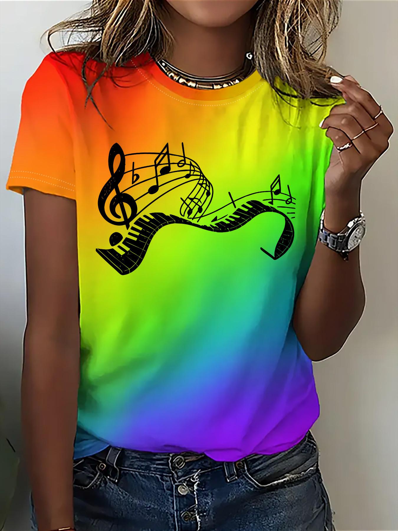 [Printed Design-Not Textured] Women S Fashion T-Shirt. Printed Design Round Neck Gradient Rainbow T-Shirt. Women S Casual Round Neck Short Sleeve T L дубильная кора
