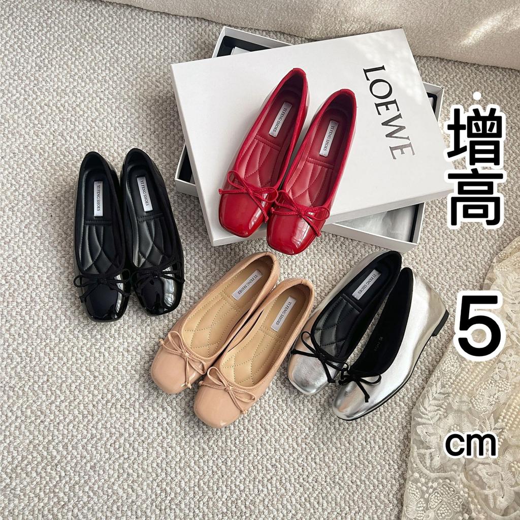 Sheepskin~ 5cm Inner Height Increase of Shoes French Bow Light Mouth Single Shoes Women's Red with Skirt Genuine Leather Mary Jane Shoes