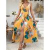 Fashion Large Flower Pattern Sexy Sexy Deep V Neck Fitted Waist Backless Split Sleeveless Sling Dress Long Dress Dress Dress