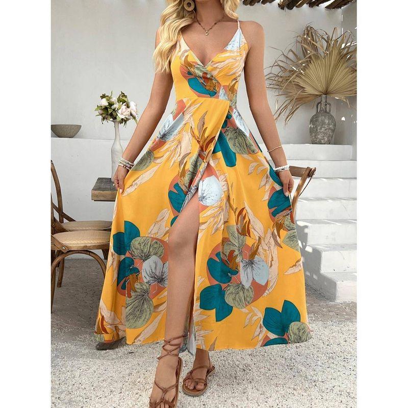 Fashion Large Flower Pattern Sexy Sexy Deep V Neck Fitted Waist Backless Split Sleeveless Sling Dress Long Dress Dress Dress