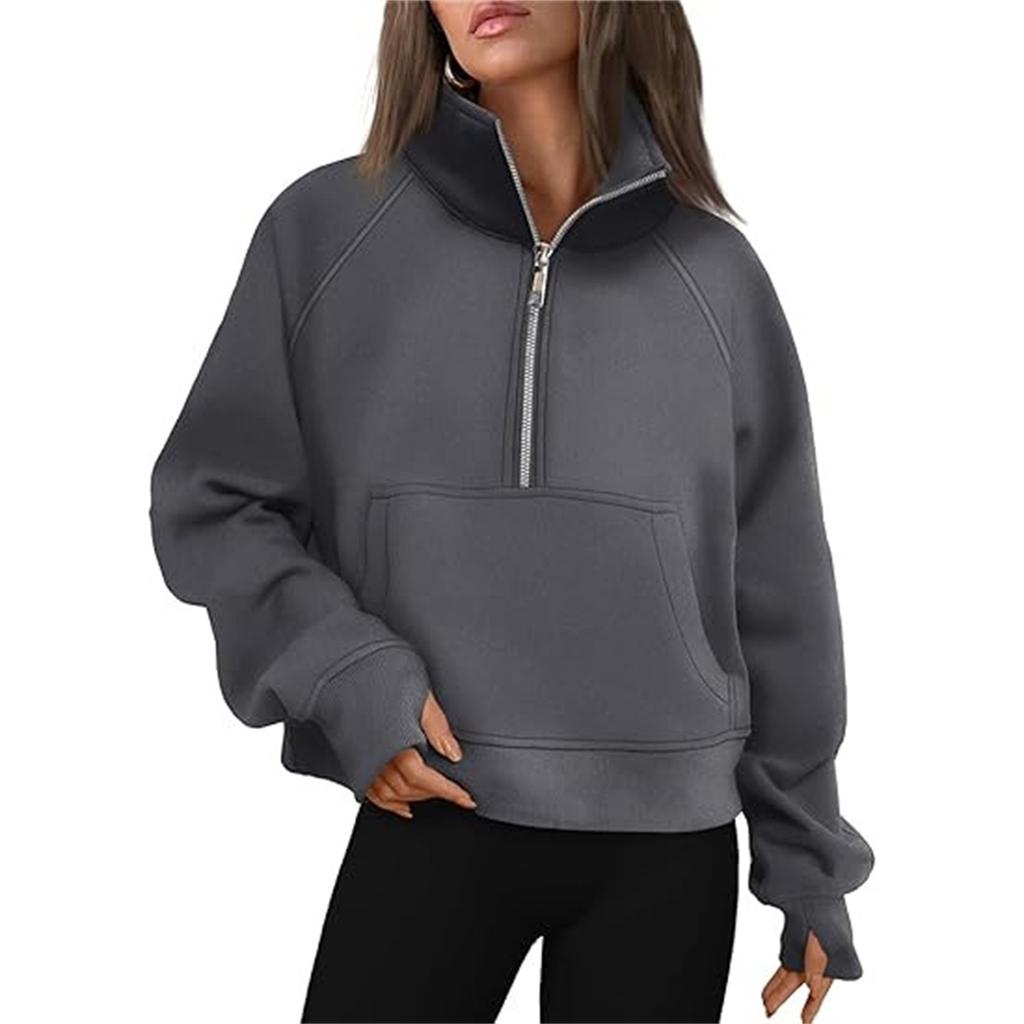Women's Stand Collar Plus Fleece Solid Color Hoodie Long Sleeve Pocket Loose Half Zip Pullover Hoodie Top