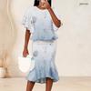 Women Plus Size Round Neck Printed Batwing Sleeve Ruffle Hem Top Fishtail Skirt Two Piece Set