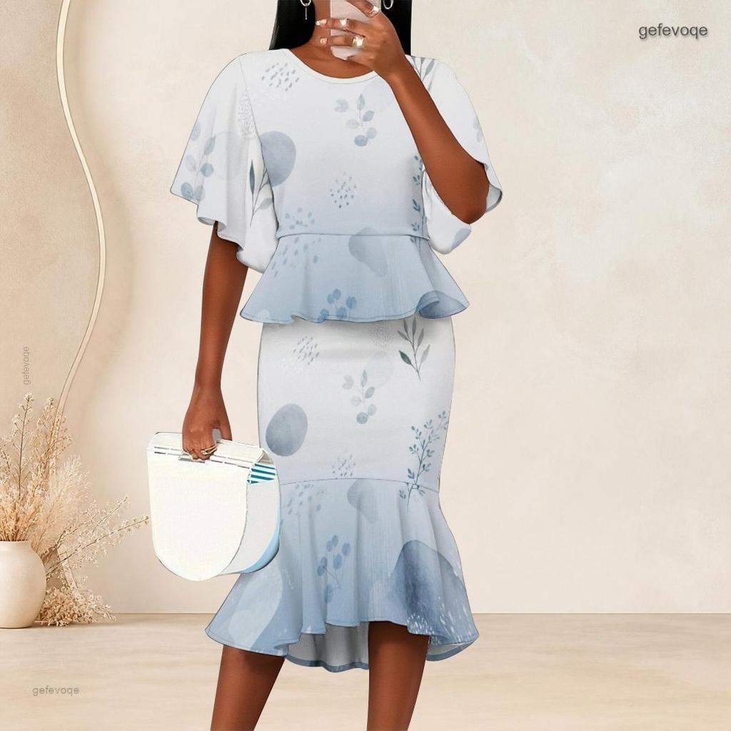 Women Plus Size Round Neck Printed Batwing Sleeve Ruffle Hem Top Fishtail Skirt Two Piece Set