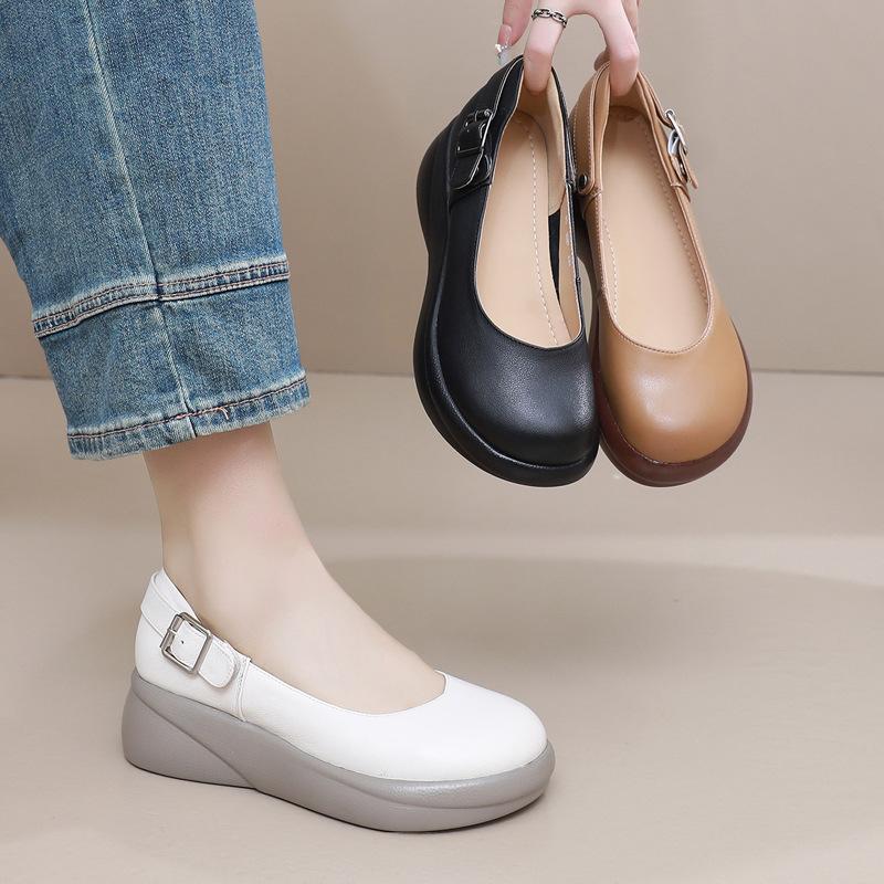 GKTINOO 2025 New Spring Autumn New British Style Genuine Leather Shoes Thick soled Wedges Shoes Soft soled Slip On Women's Shoes