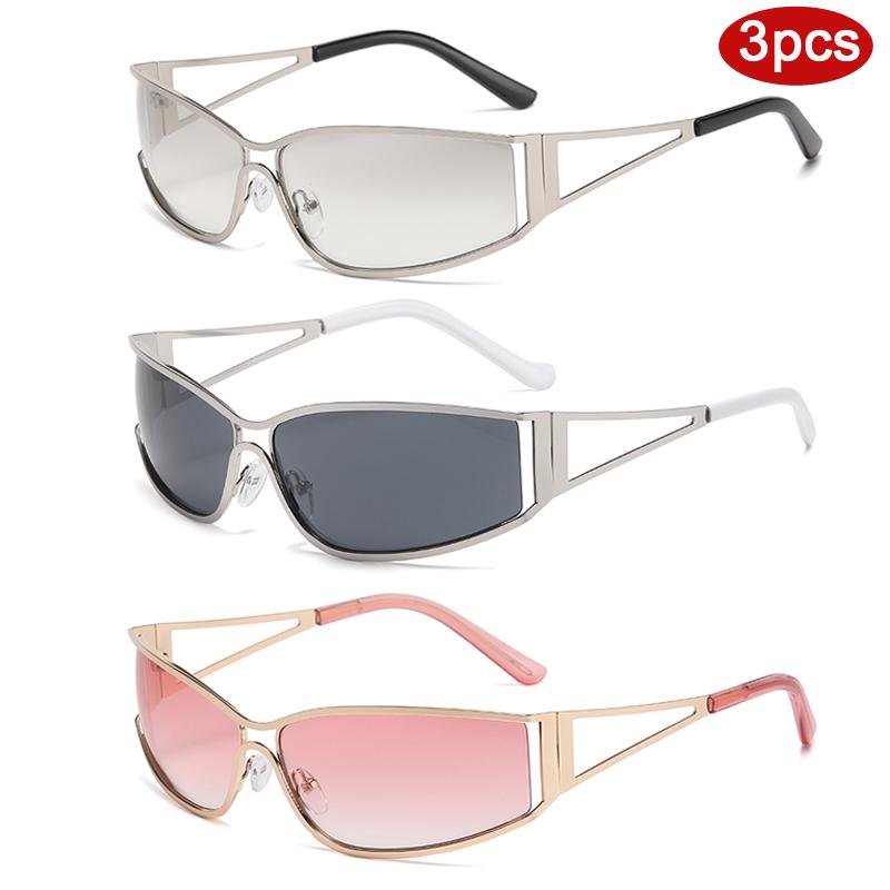 3pcs Fashion Women Punk Metal Frame Sunglasses Y2K Hollowed Out Future Sense Sun Glasses Travel Outdoor Unisex Eyewear UV400