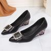 Wedge Heel Single Shoes New Spring and Summer Leopard Print Pointed Head Comfortable Shallow Mouth Square Buckle Rhinestone Shoes