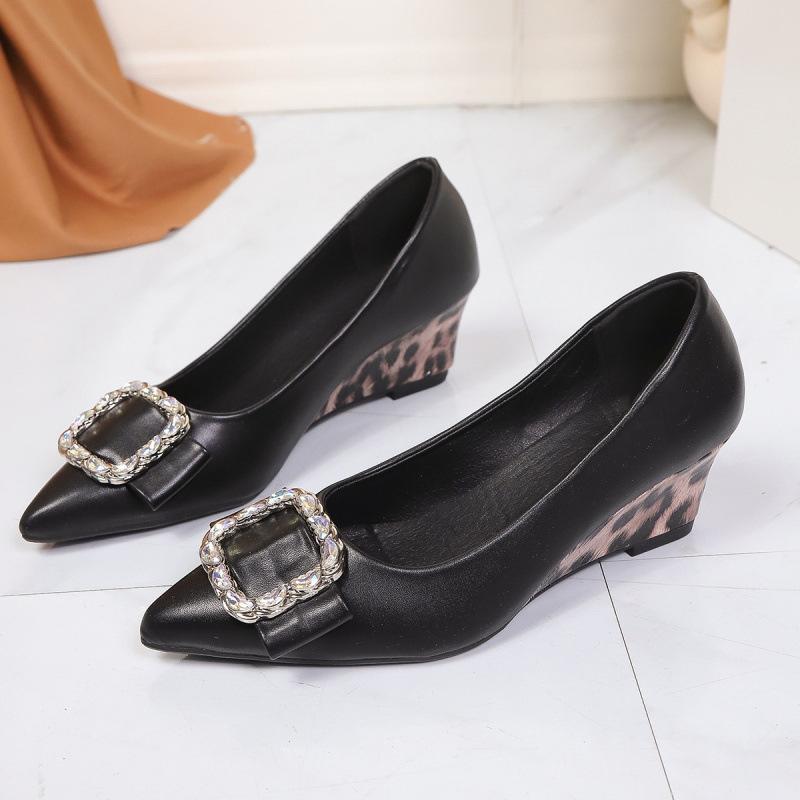 Wedge Heel Single Shoes New Spring and Summer Leopard Print Pointed Head Comfortable Shallow Mouth Square Buckle Rhinestone Shoes