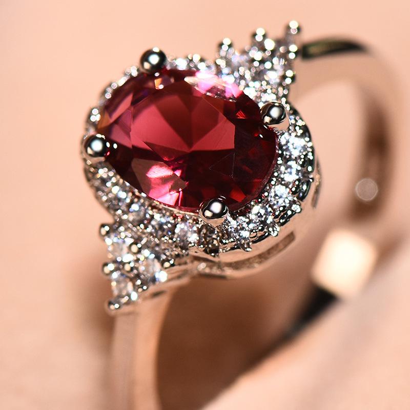 European and American Luxury Oval Ruby Crystal Ring with Full Diamond Setting