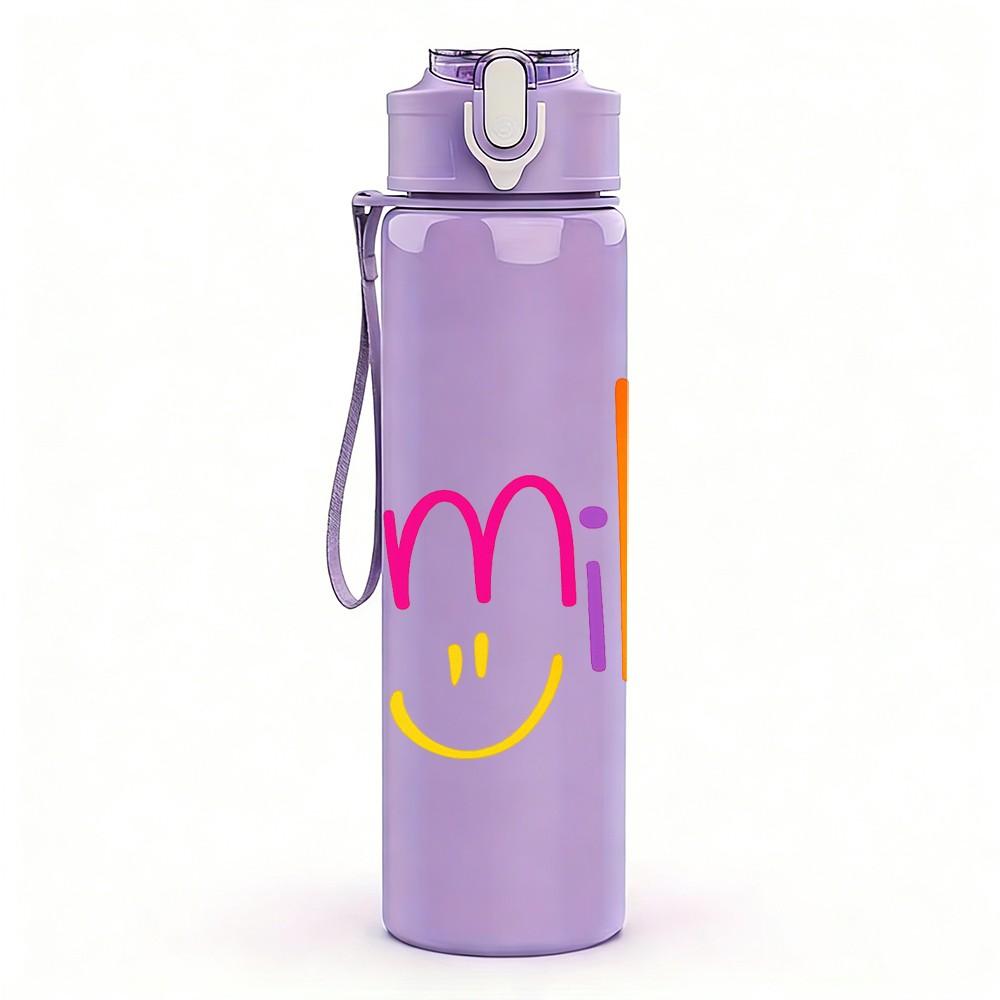 1PC Multicolor Smile Text Art Print 750ml Color Plastic Sports Water Bottle Leakproof Flip Straw Lid Suitable for Sports Office Home Use