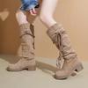 Retro Tassel Suede Long Western Cowboy Boots Women 2025 Winter Thick Heel Knee High Boots Sexy Khaki Medium Heel Shoes Plus Size
