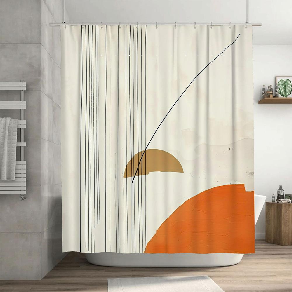 Minimalist Bathroom DecorSun Graphic Shower Curtain Set for Bathtub Home Decoration White Beige Color Scheme with Black Stripes