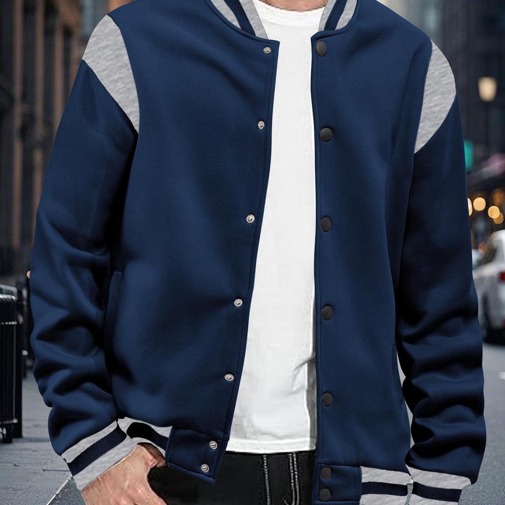 Men's Casual High Street Fleece-lined Patchwork Stand Collar Varsity Jacket