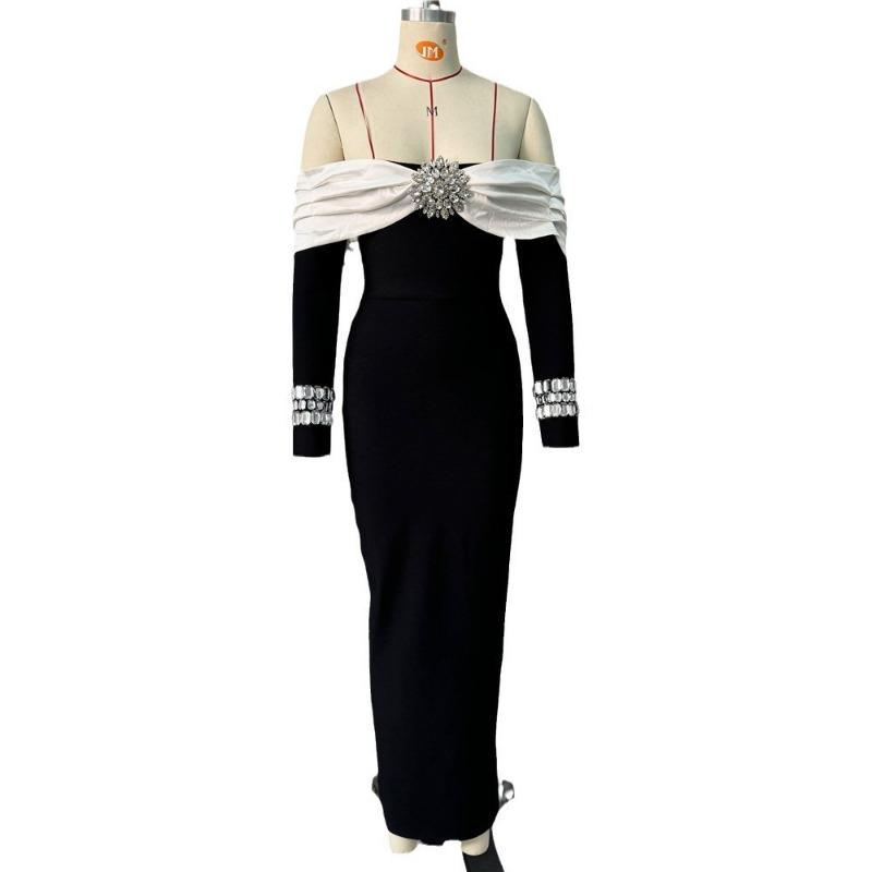 New Sexy Bandage Dress Temperament Contrasting Colors Heavy Industry Ordering Diamond Evening Dress Elegant One-word Shoulder Women's Clothing