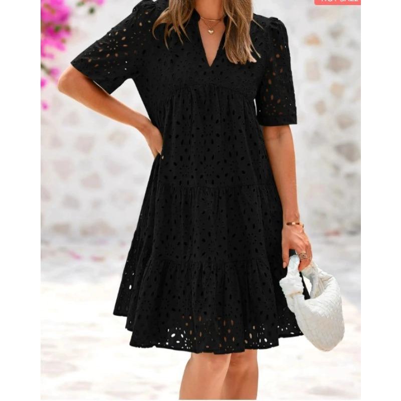 Short Sleeve Women's Beach Vacation Skirt V-Neck Hollow Lace Dress A-Sense Skirt