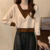 Fake Two-piece Contrasting V-neck Knitted Bottoming Shirt Women's Autumn Coat with Slim-fitting Sweater Inside, Small Short Top