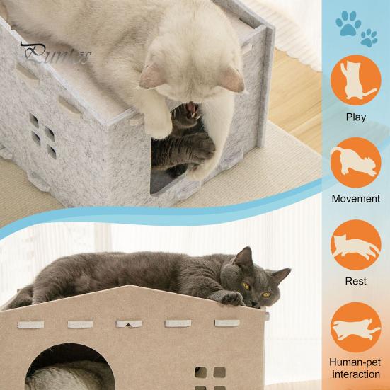 Atmungsaktives Katzenbett Große Höhle Haustierhaus Filz Spiel-Ruhe-Bereich Komfortable Nistbox Versteckwürfel 2-in-1 Kratzbrett für Wohnungskatzen mit