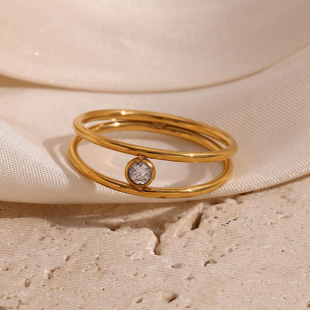 MamacitaSlay Minimalist Double Layer Round Zircon Ring 2025 Party Waterproof 18K Gold Plated Jewelry Women's Elegant Ring Gift