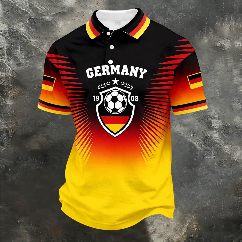 Unisex Casual Loose Fit Short Sleeve Polo Shirt with Germany Inspired Graphic Print and Button Collar for Everyday Wear