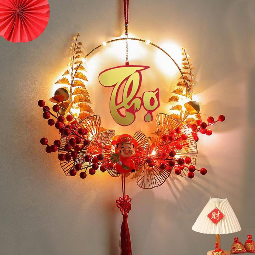 Vietnamese Lunar New Year Wreath Glowing Spring Festival Ornaments Luminous Iron Art New Year Fu Character Front Door Wreath
