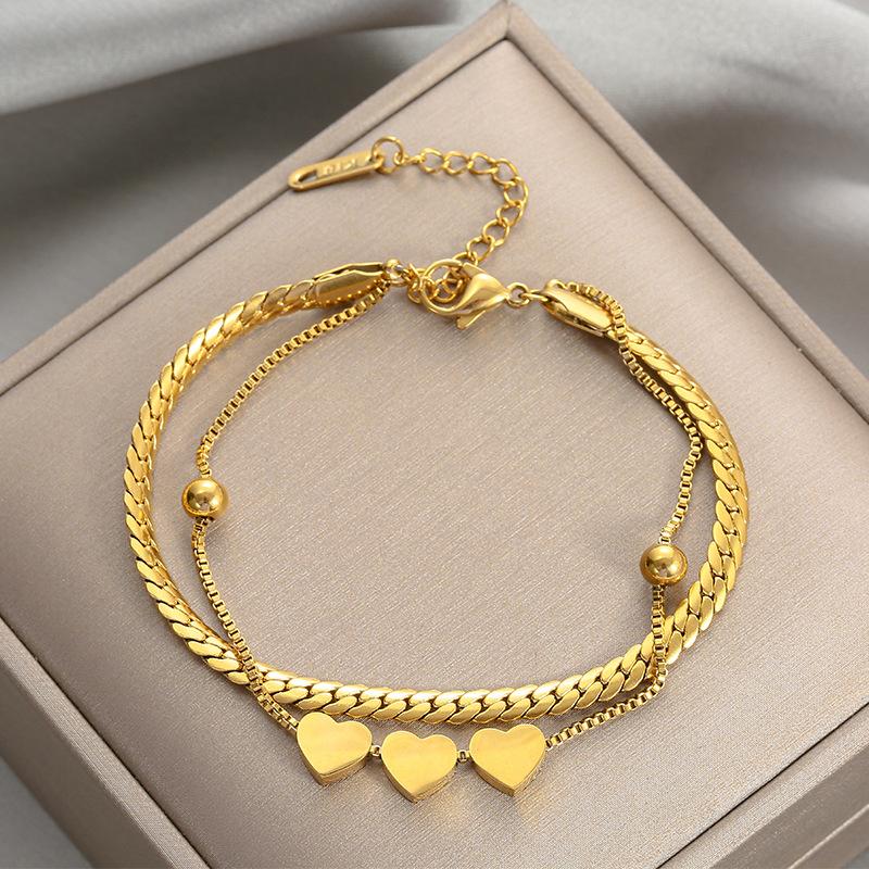 

Romantic Heart Stainless Steel Bracelet for Women Charm Gold Color Snake Chain Layered Bracelet Jewelry Girlfriend Gift