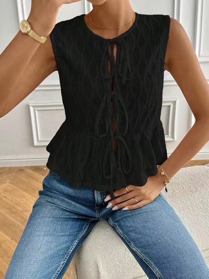 Women Textured Sleeveless Vest Front Tie Up Peplum Hem Round Neck Casual Waistcoat Summer Solid Tank Top